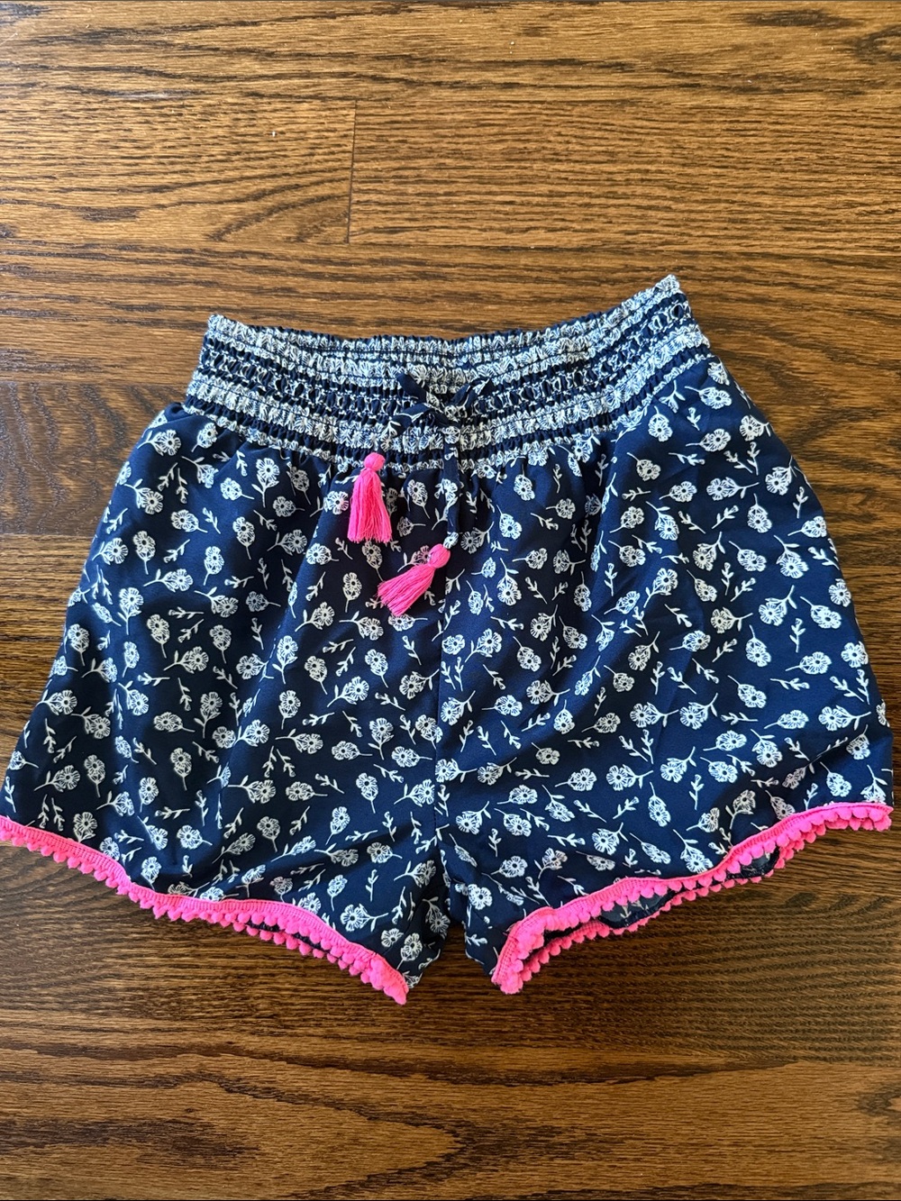Japna Navy Floral Shorts with Hot Pink Tassels and Trim